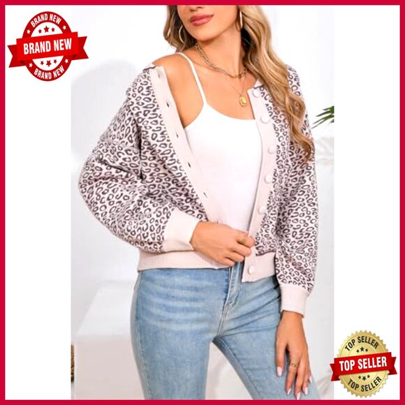 Leopard Print Cropped Cardigan Sweater Button Front Long Sleeve Crewneck Y2K - Picture 3 of 7